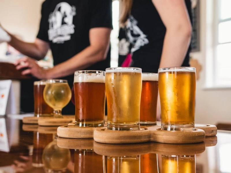 Different sorts of beer served in glasses