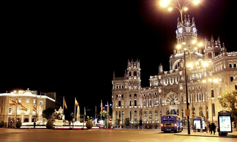 Illuminated Cybele Palace in Plaza de Cibeles in Madrid