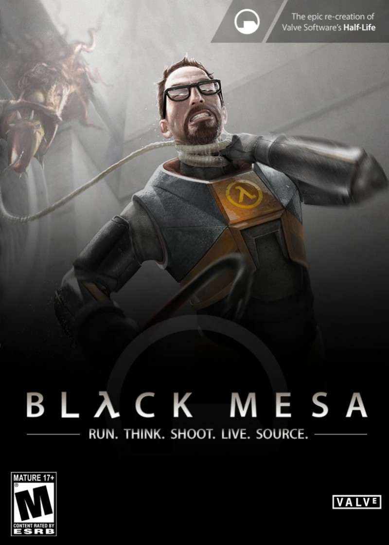 Custom box cover for the Black Mesa game, with a tagline, "Run. Think. Shoto. Live. Source."