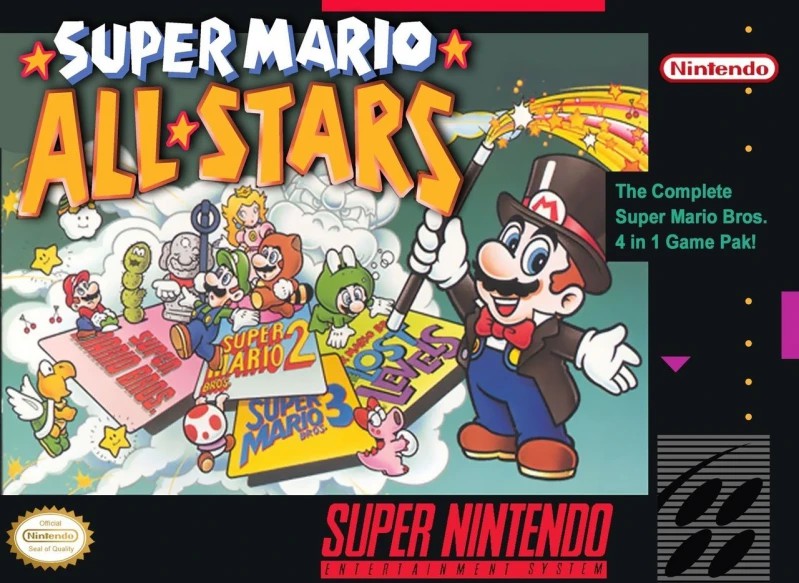 Super Mario All Stars Super Nintendo box cover. The complete Super Mario Bros. 4 in 1 Game Pak.