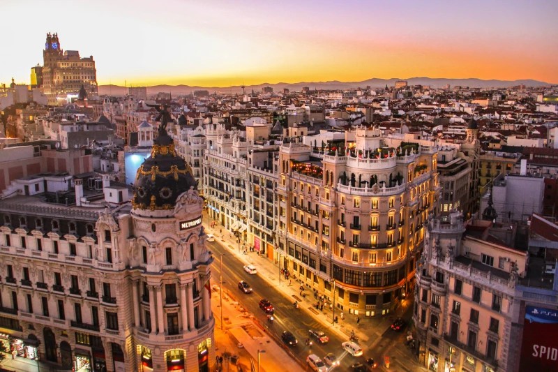 A view of Gran Via Street in Madrid, Spain