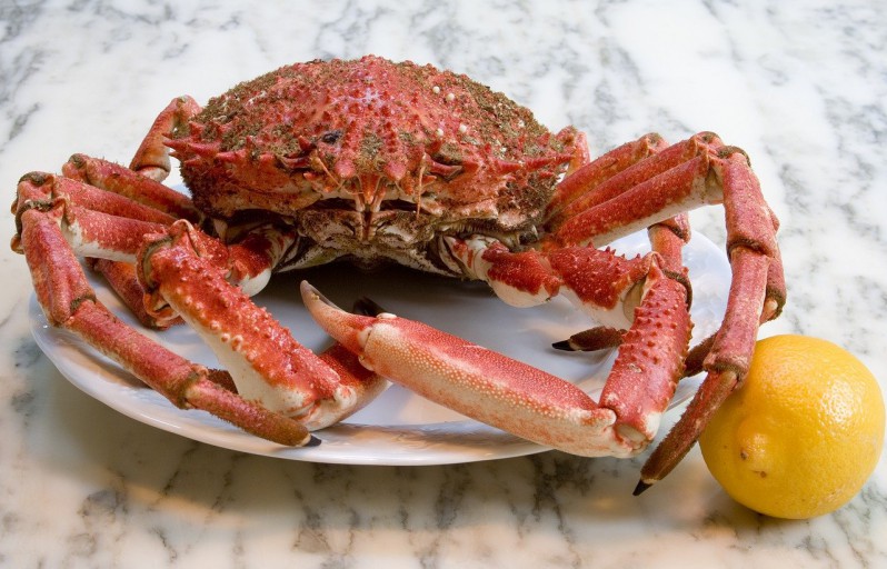 A crab on the plate with a lemon on the side
