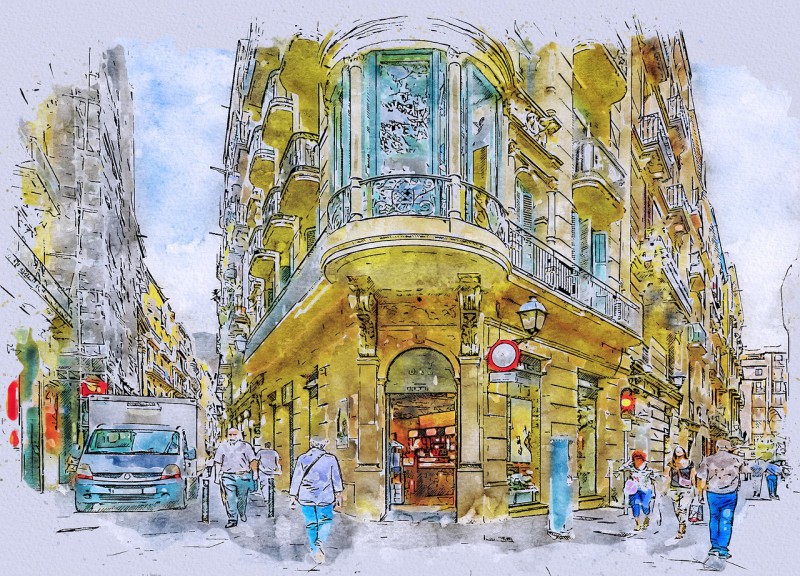 The drawing of Gothic Quarter in Barcelona, Spain