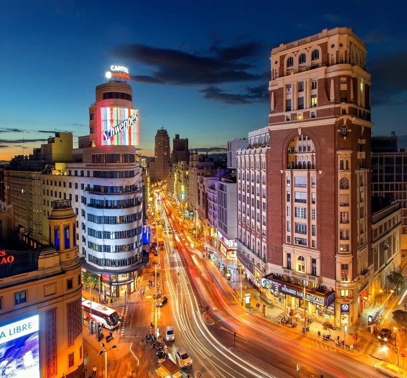 Gran Via in Madrid, Spain during the night