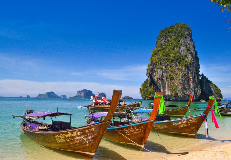 Fisherman boats anchored at Phra Nang Beach, Krabi, Thailand