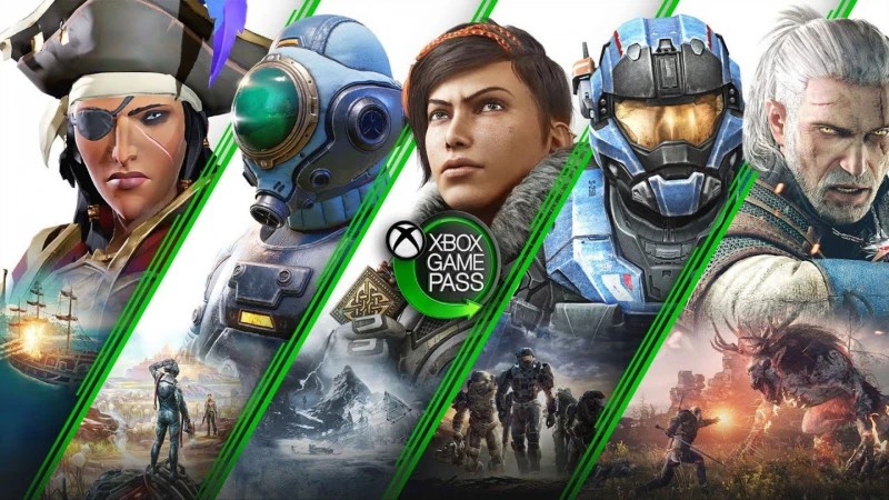 Xbox Game Pass promo picture, featuring characters from Gears 5, The Witcher 3, Halo and other series
