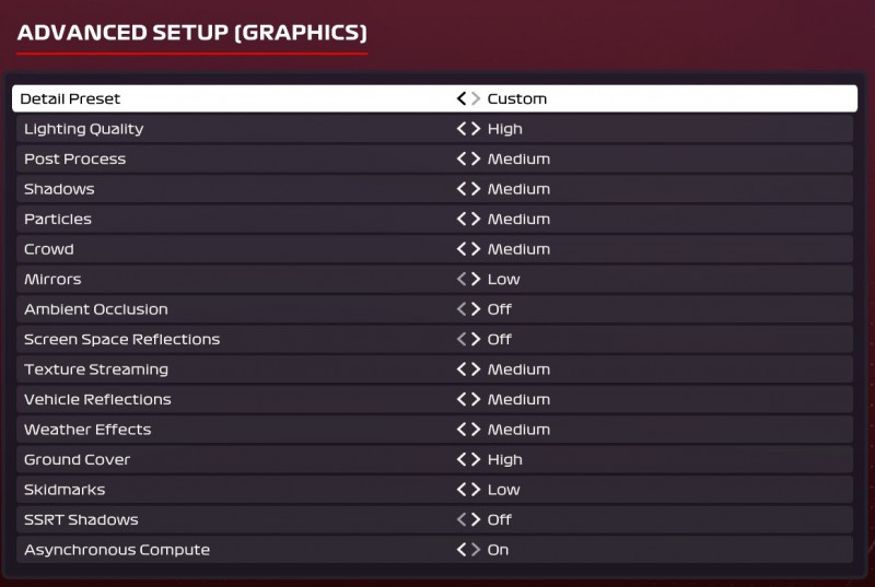 Graphical setting for Codemasters Formula 1 game