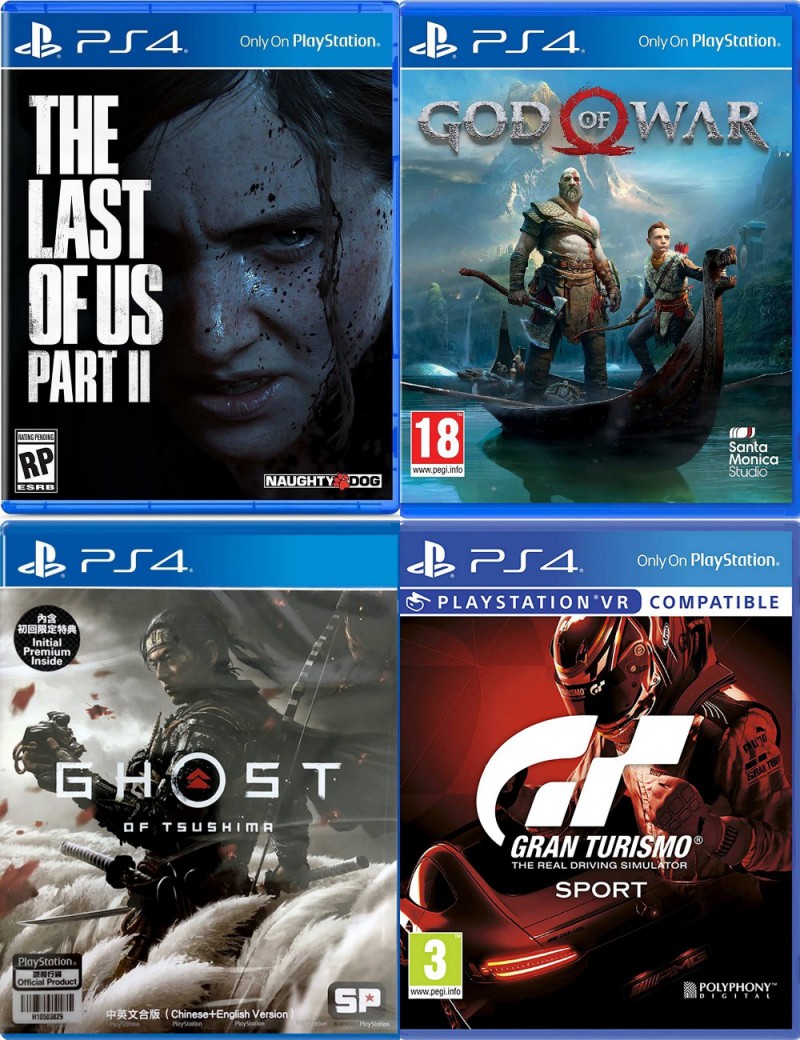 PS4 games including The Last of Us Part II, God of war, Ghost of Tsushima and Gran Turismo Sport