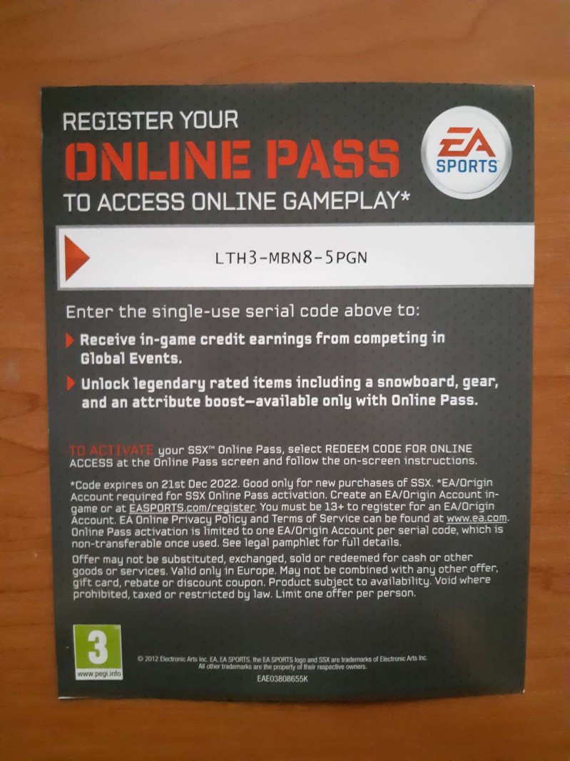 Online pass for SSX PS3 game