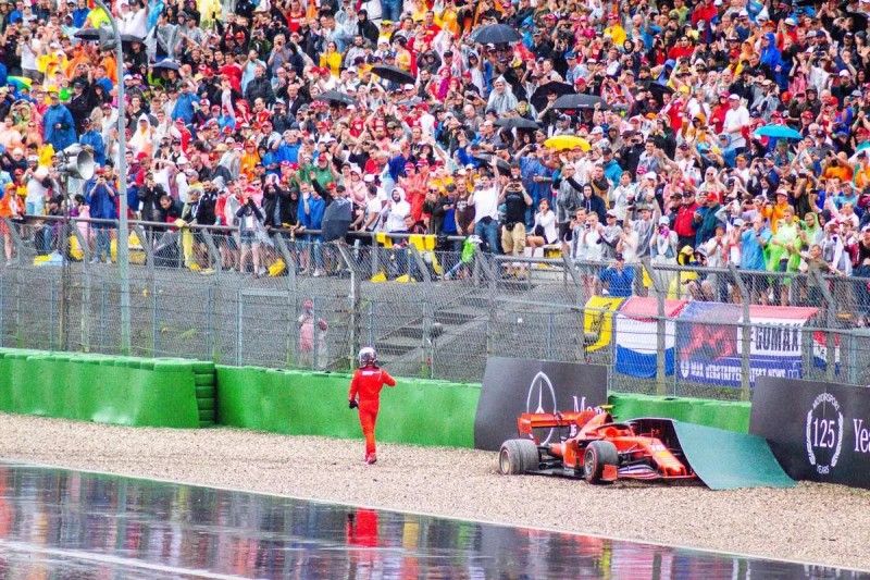 Sebastian Vettel after a crash in a wet weather Formula 1 race