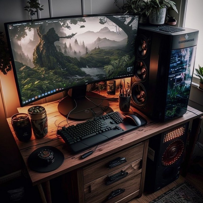 Elegant PC setup with a curved monitor