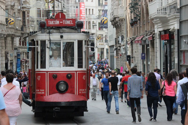 A tram on Istiklal Avenue in Istanbul, Turkey