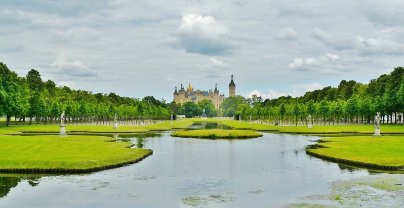 Lake in front of the Schwerin Castle in Germany. 