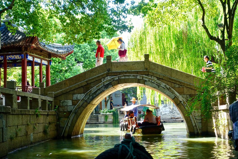 Gondola passing under the bridge in Suzhou
