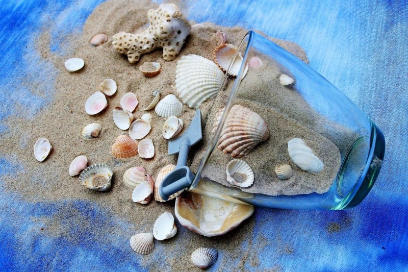 Seashells on the sand spilled from the glass