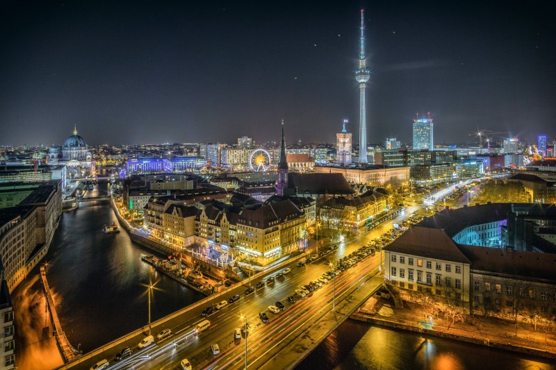 Alexanderplatz at night, Berlin, Germany
