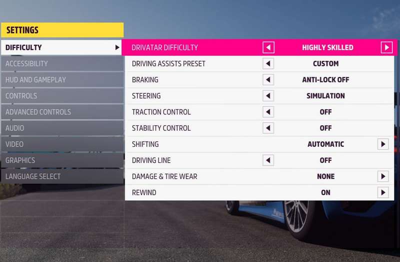 Difficulty settings in Forza Horizon 5 video game